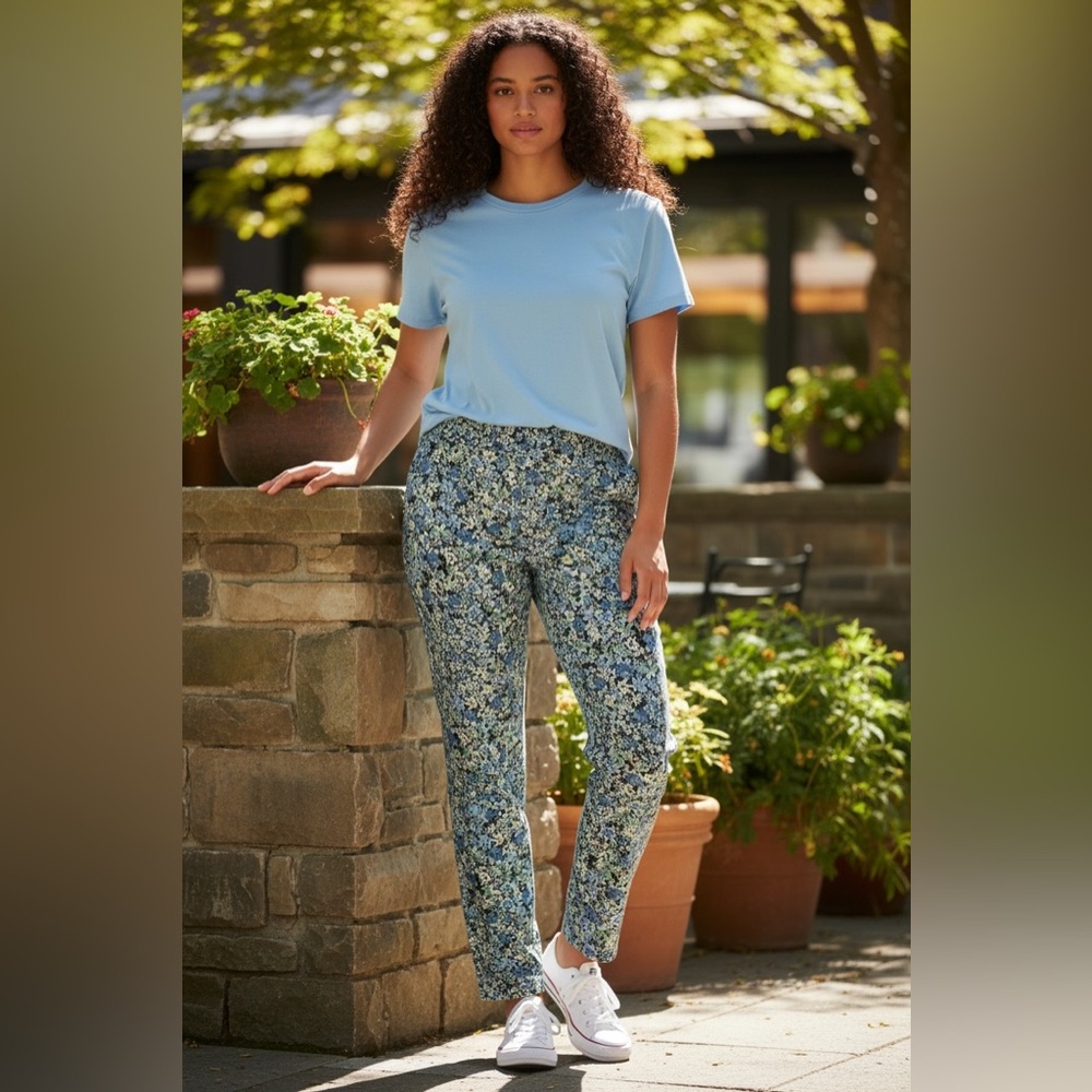 Terra & Sky Blue Floral Print Straight Leg Pants